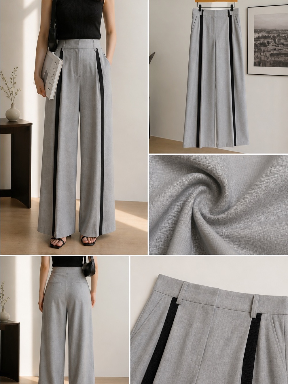 Massimo Dutti Grey Wide-Leg Trousers with Black Stripe